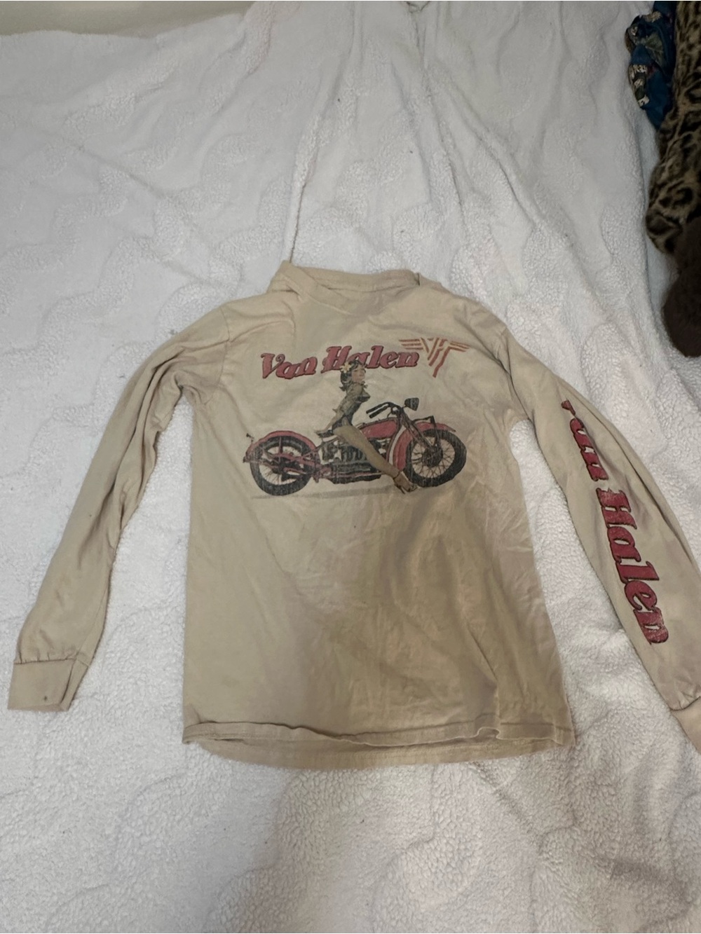 Van Halen Beige Long Sleeve Graphic Tee with Motorcycle Print
